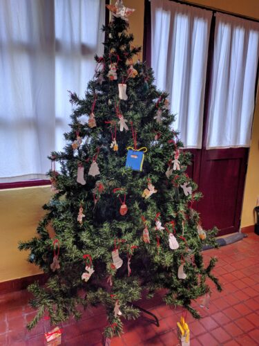 A nossa árvore de Natal do hall onde os enfeites foram por nossa conta!