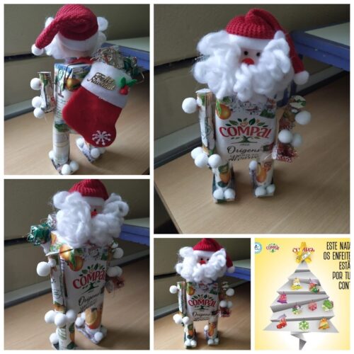 Pai Natal- Pai Natal com embalagens de sumo Compal, algodão e palitos.