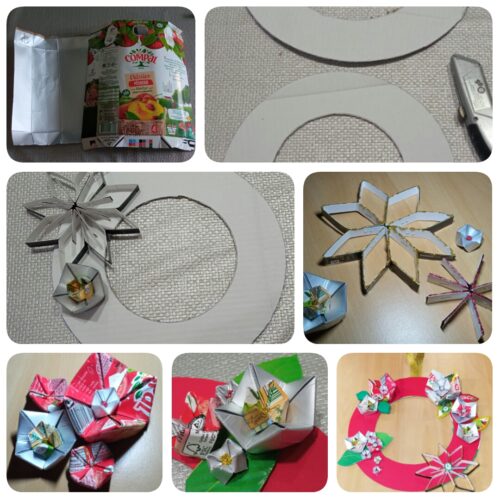 Coroa - recorte de dois círculos a partir de uma embalagem marca Compal, origami de flores e estrela de Natal, pintura com tinta vermelha e colagem. Aplicação de fita reutilizada