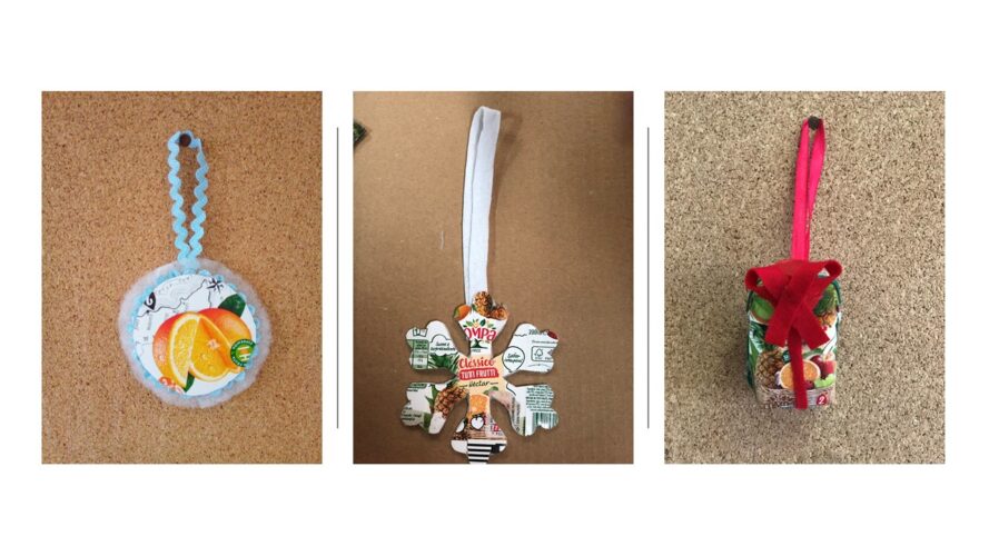 Foto 2 – Enfeites criados pelos alunos: Bola de Natal (Soraia Ferreira); Cristal de Gelo (Anastasiya Skaletska); Prenda de Natal (Diogo Ferreira).
